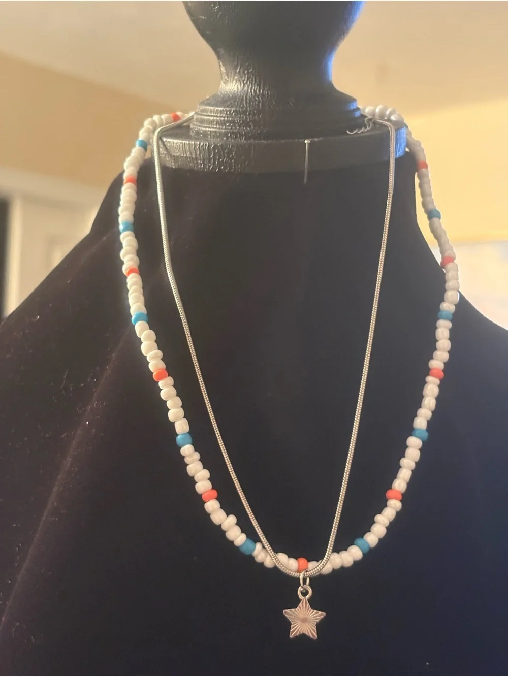 Beaded White, Blue & Coral Star Pendant Necklace - Women Jewelry